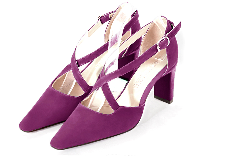 Mulberry purple women's open side shoes, with crossed straps. Tapered toe. High comma heels. Front view - Florence KOOIJMAN